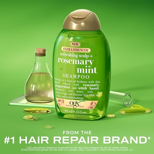 OGX Extra Strength Refreshing Scalp + Rosemary Mint Shampoo, Clarifying Wash Visibly Helps Remove Oil & Residue to Clear Away Buildup, Sulfate-Free Surfactants, 13 fl. Oz